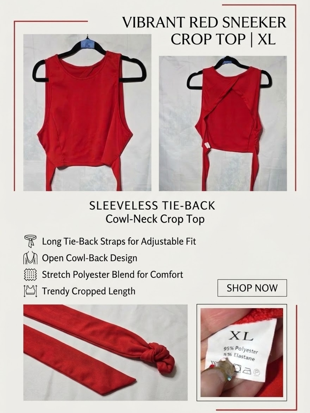 SHEIN Vibrant Red Sleeveless Tie-Back Cowl-Neck Crop Top